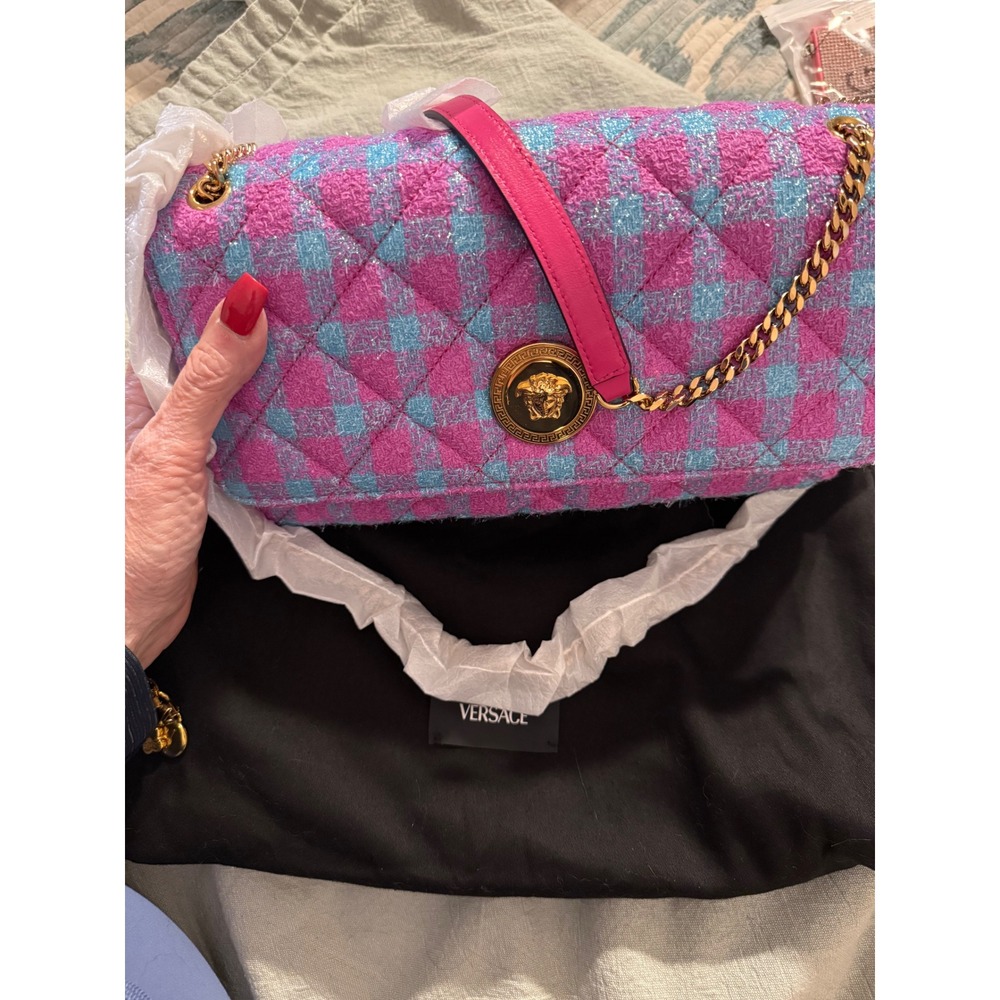 Versace La Medusa Tweed Shoulder Bag Pink Blue Plaid Quilted Gold Chain - Picture 2 of 8